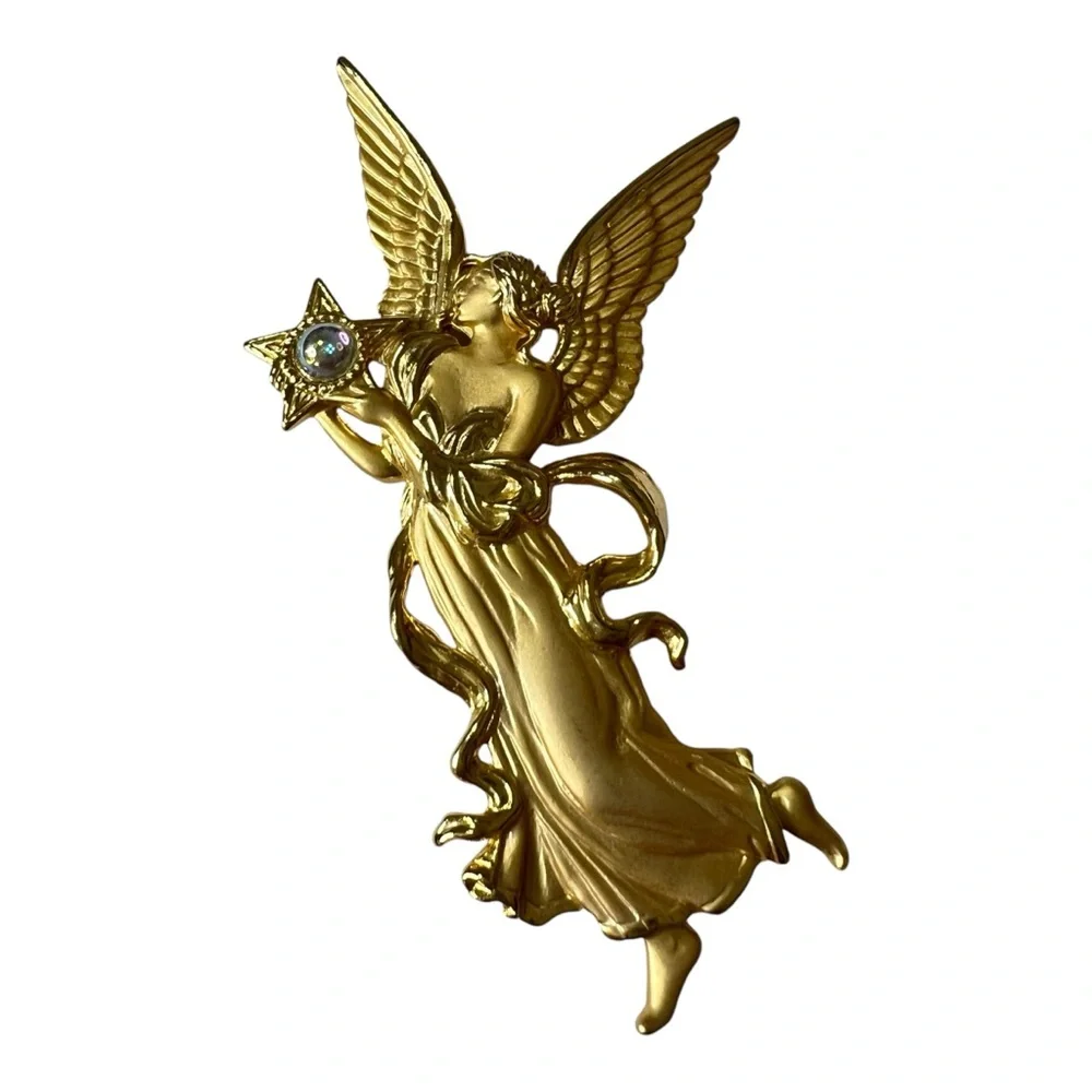 JJ Jonette Vintage Gold Tone Angel With Star and Faux Moonstone Brooch Pin